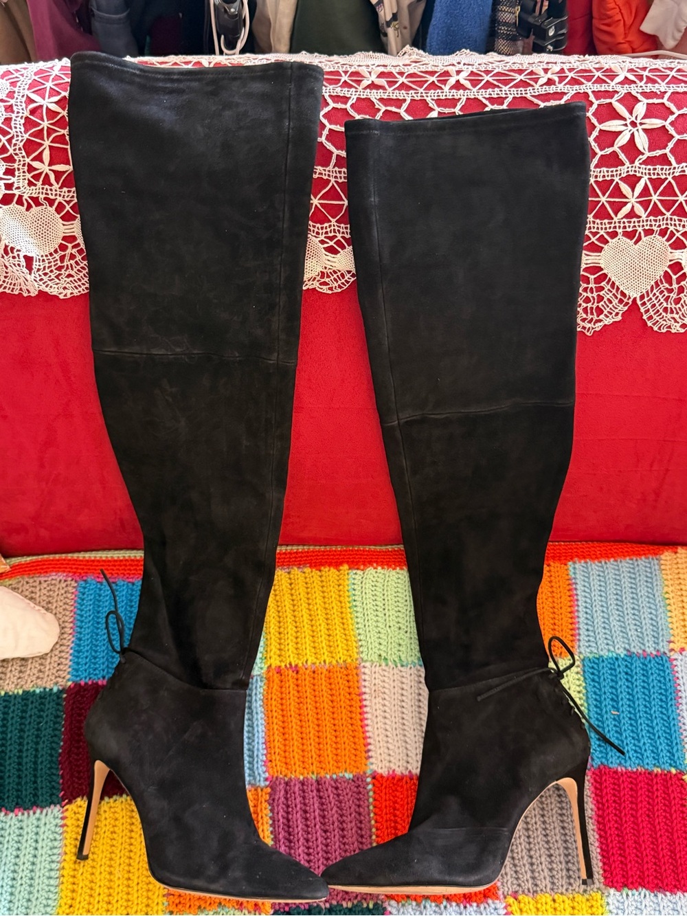 Pour La Victoire Suede Black Over-the-Knee Suede Stiletto Boots - Women